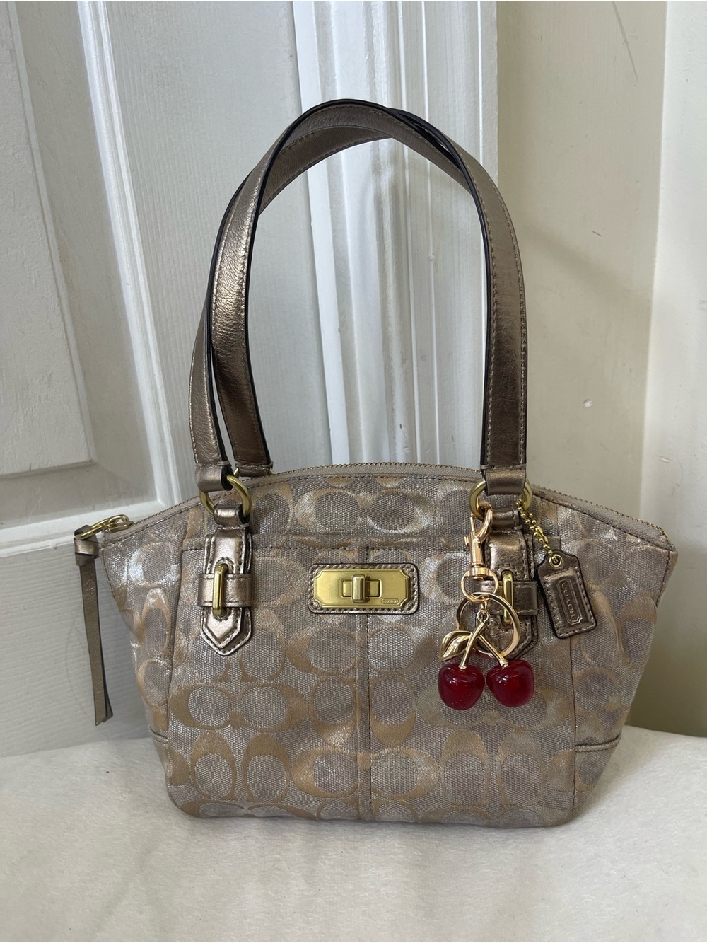 Coach Metallic Signature Mini  Dome Satchel in Champagne and Gold